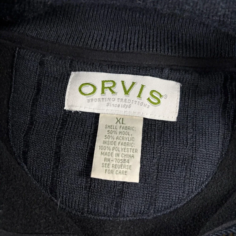 Orvis Mens Navy Blue Wool Blend Ribbed 1/4 Zip Sweater Leather Patches XL 9K3G